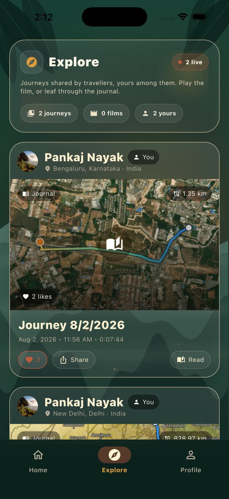 TheRouteStory Explore feed showing shared journey maps, journals and likes