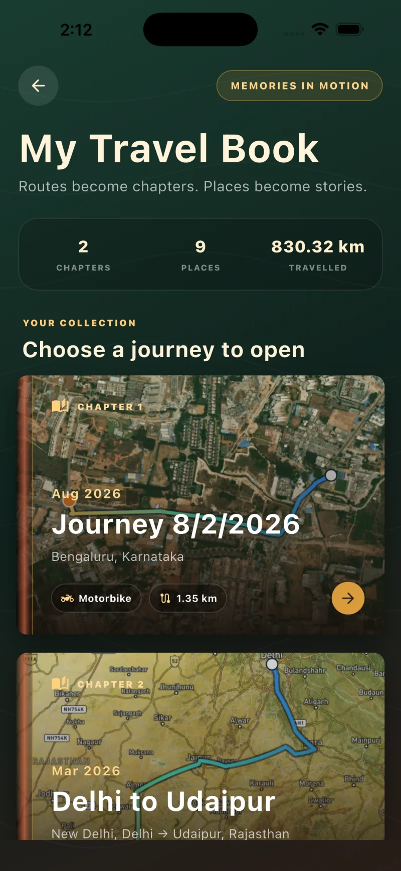 TheRouteStory My Travel Book collection showing saved journey chapters
